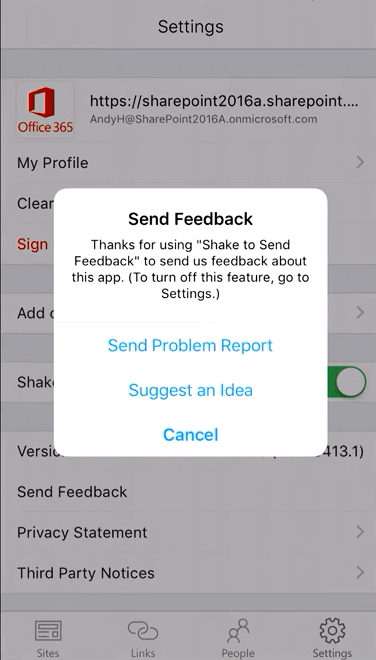 SharePoint Mobile App send feedback