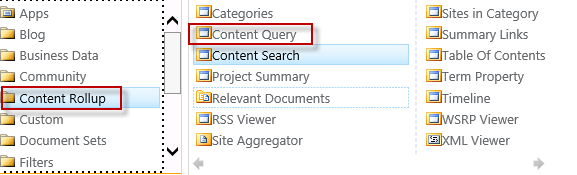Content rollup and content query are selected