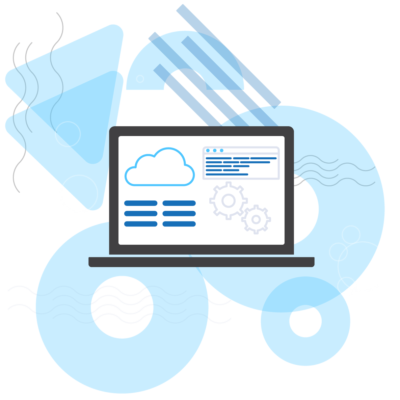 A flat design graphic of a laptop, cloud, and code